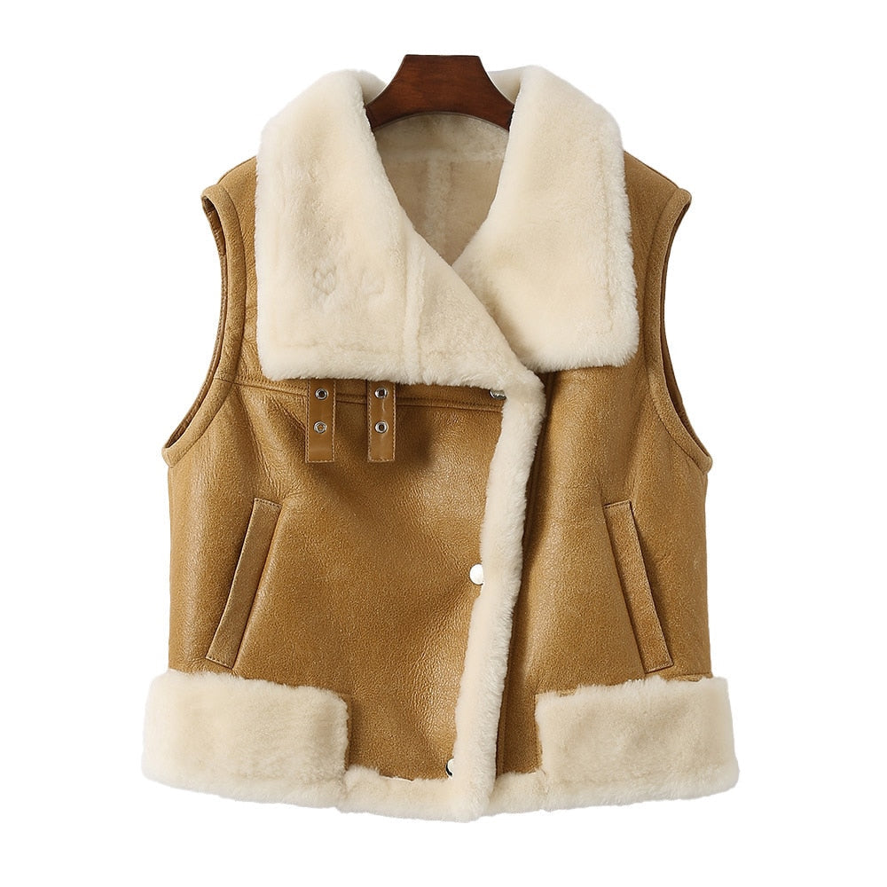 Genuine Sheepskin Leather Vest Fashion Double Face Lamb Fur Gilets Winter Autumn Luxury Waistcoat MH3638L