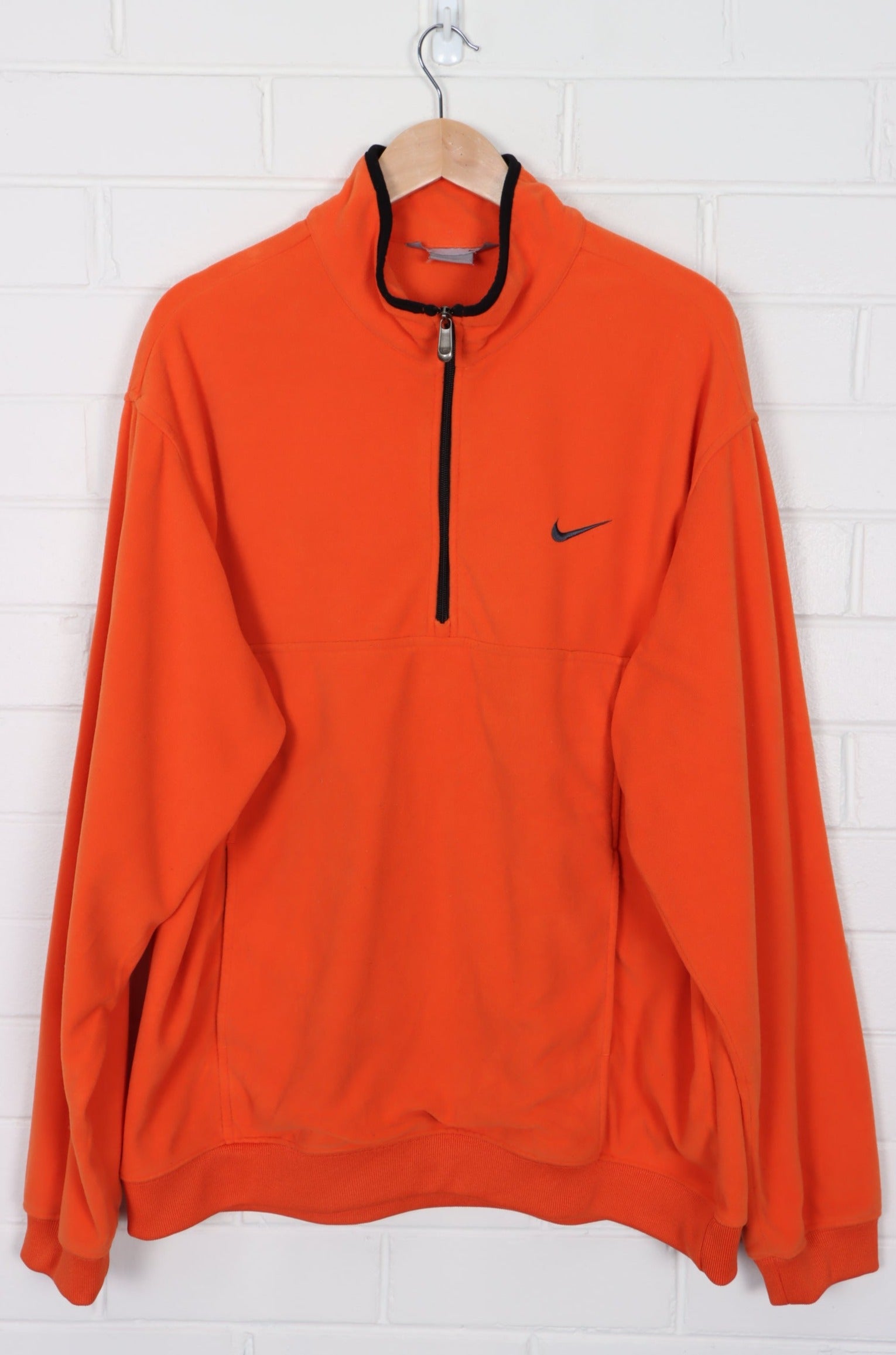 NIKE Embroidered Swoosh Logo Orange 1/4 Zip Fleece Sweatshirt (XXL)