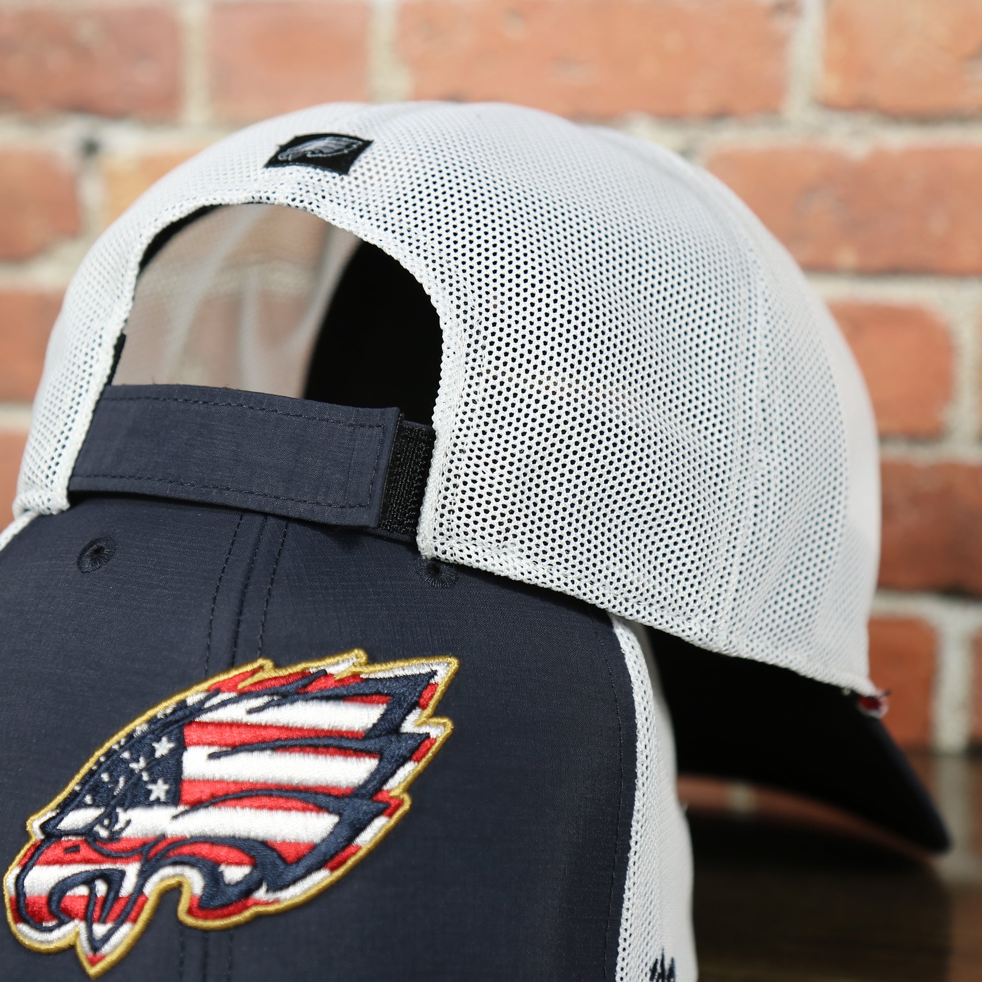 Philadelphia Eagles American Flag Mesh Back Trucker Hat | Hook and Loop Navy Trucker Hat