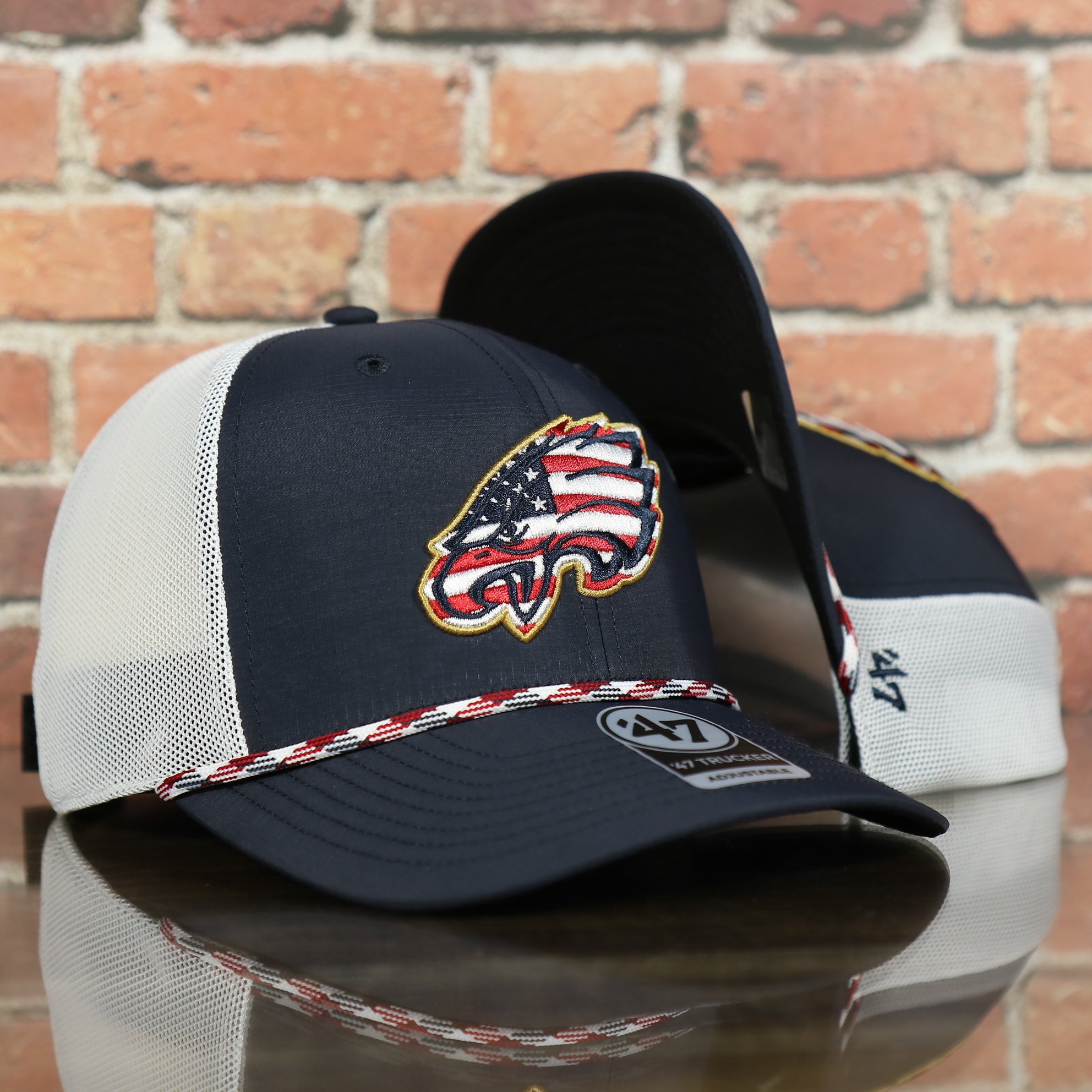 Philadelphia Eagles American Flag Mesh Back Trucker Hat | Hook and Loop Navy Trucker Hat