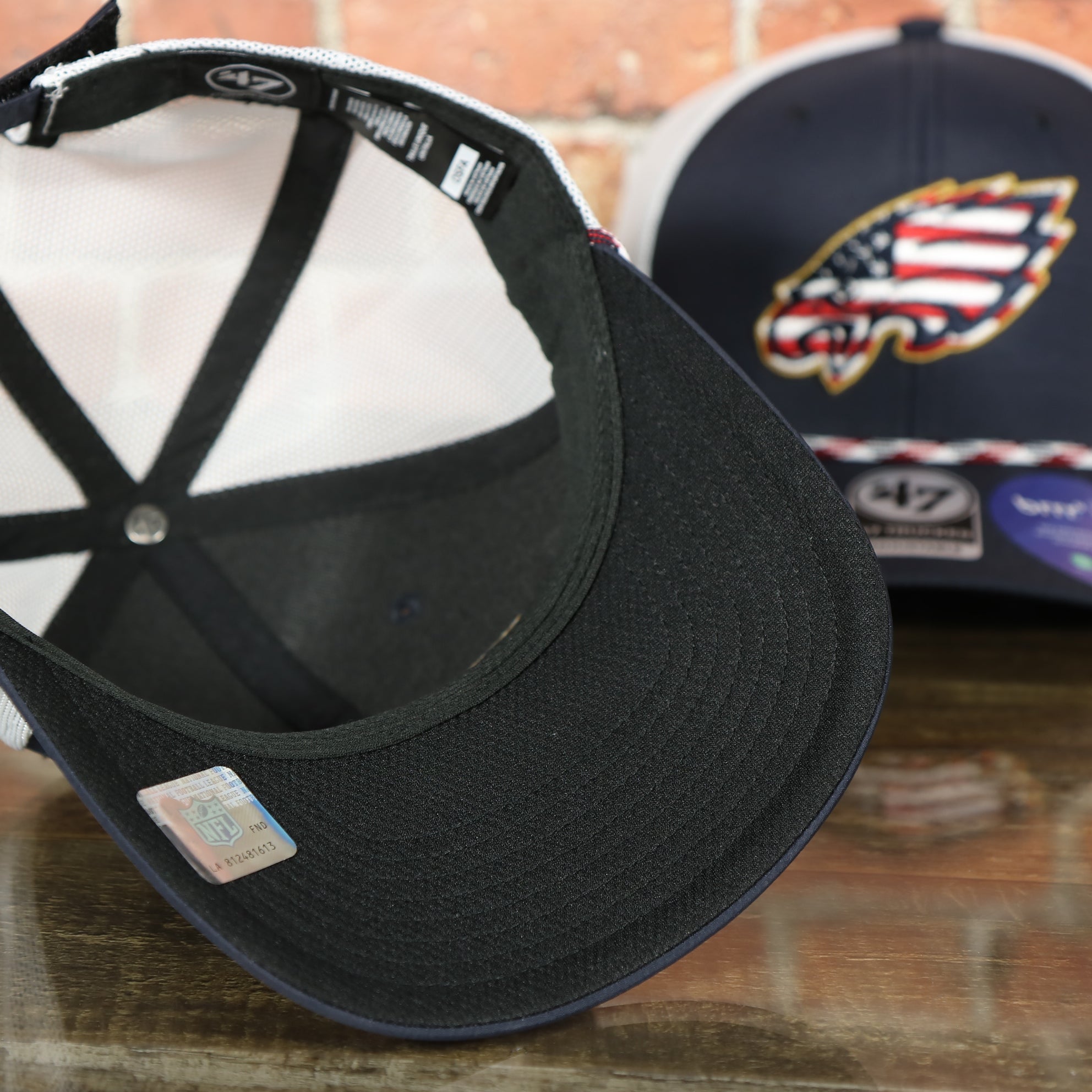 Philadelphia Eagles American Flag Mesh Back Trucker Hat | Hook and Loop Navy Trucker Hat