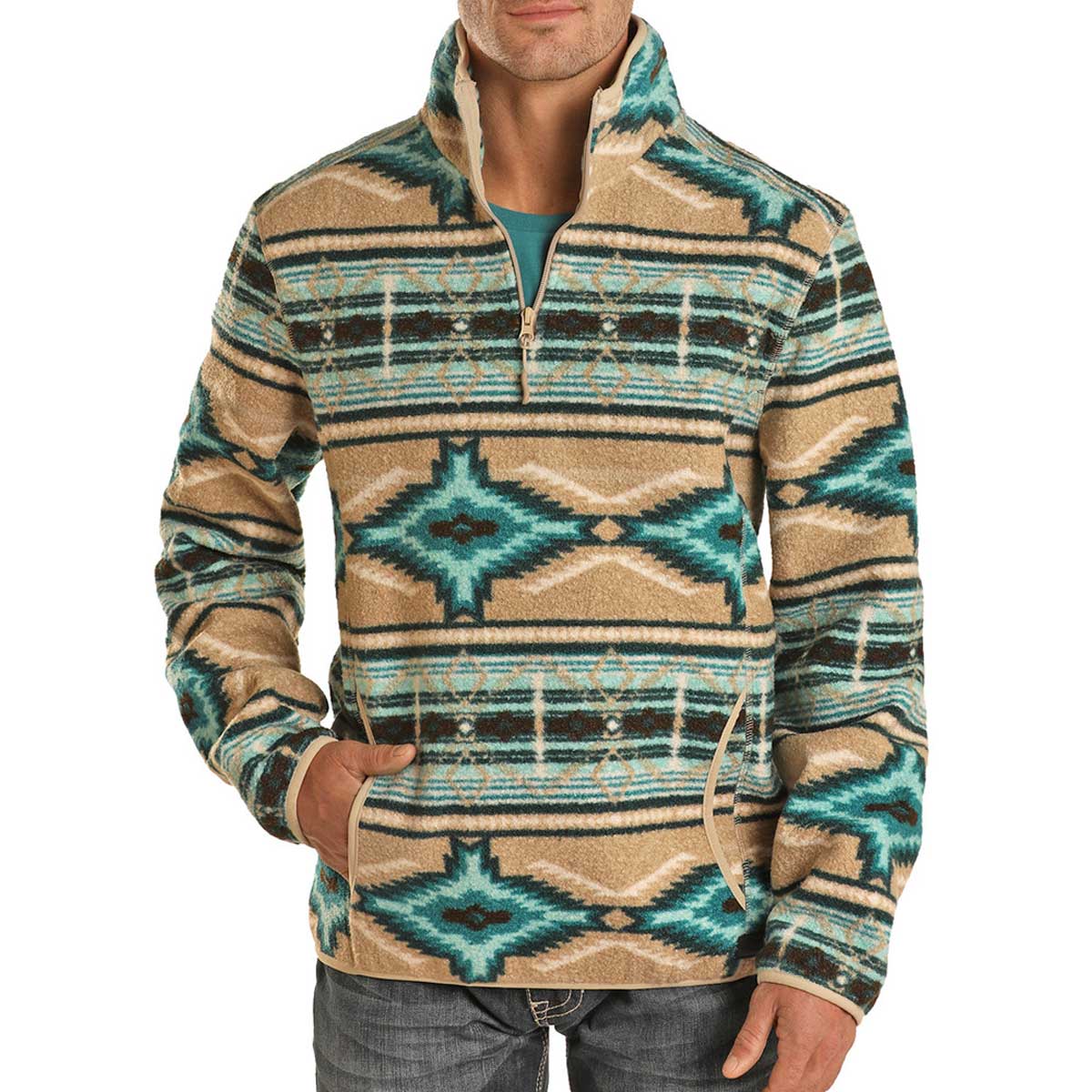 ROCK & ROLL COWBOY MEN'S AZTEC BERBER PULLOVER - TURQUOISE BM91C01938